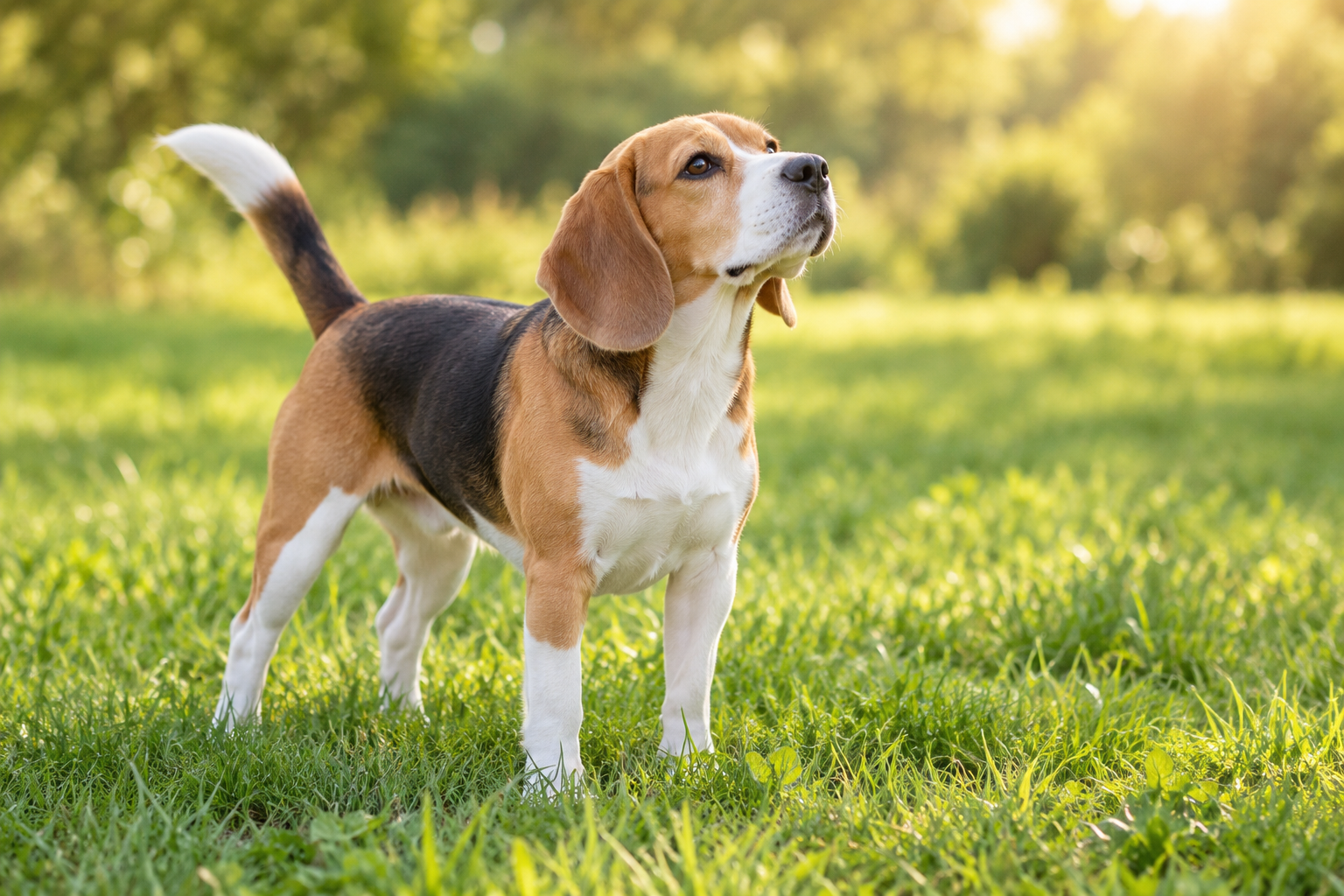 Beagle standing in sunlit green grass